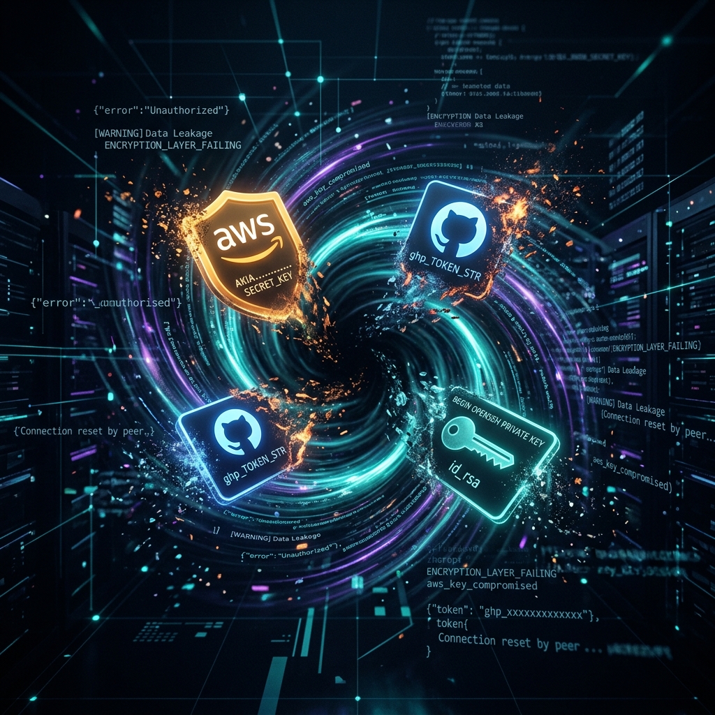 Futuristic concept of AWS keys, GitHub tokens, and server data dissolving and leaking out