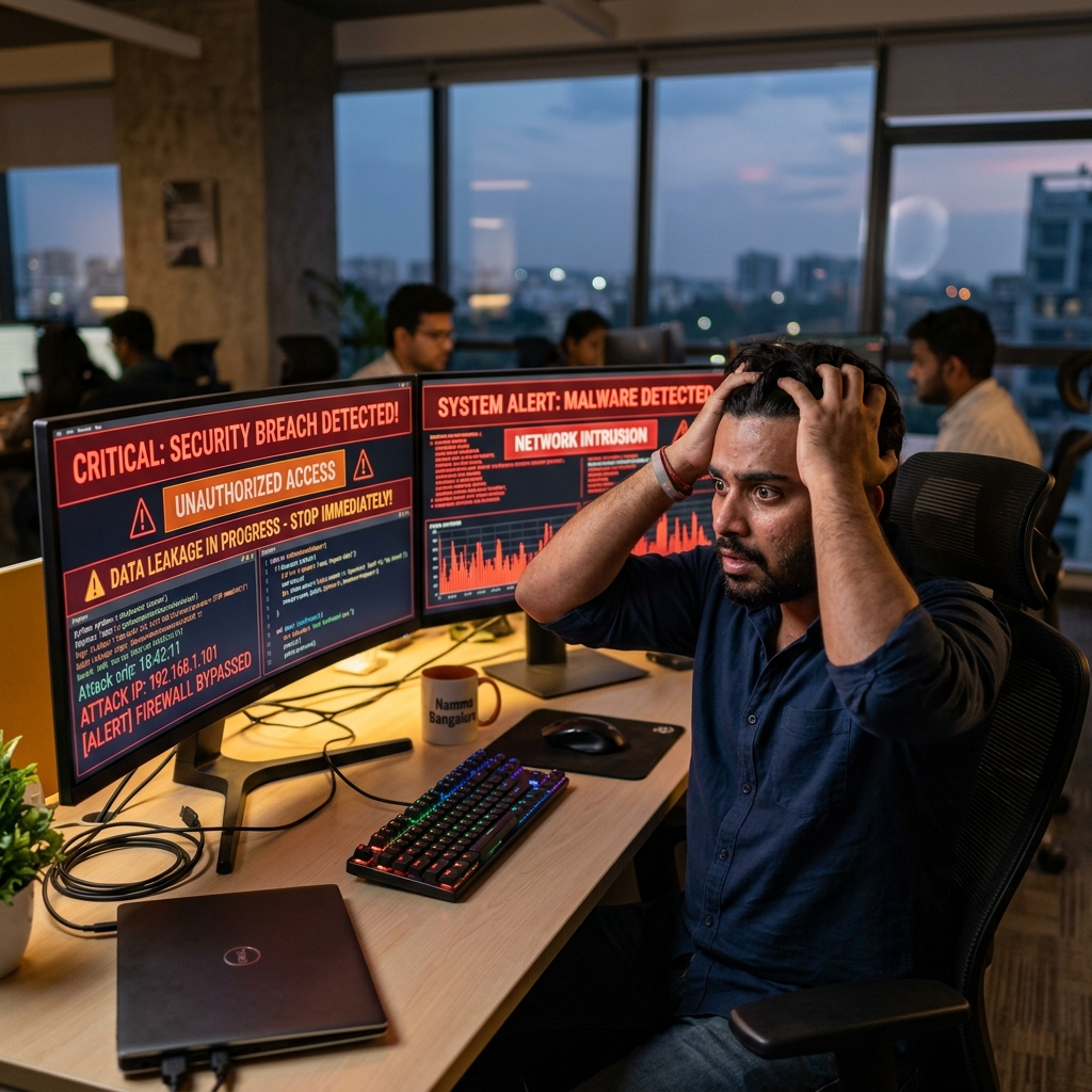 Indian software developer experiencing stress at his desk with warning screens
