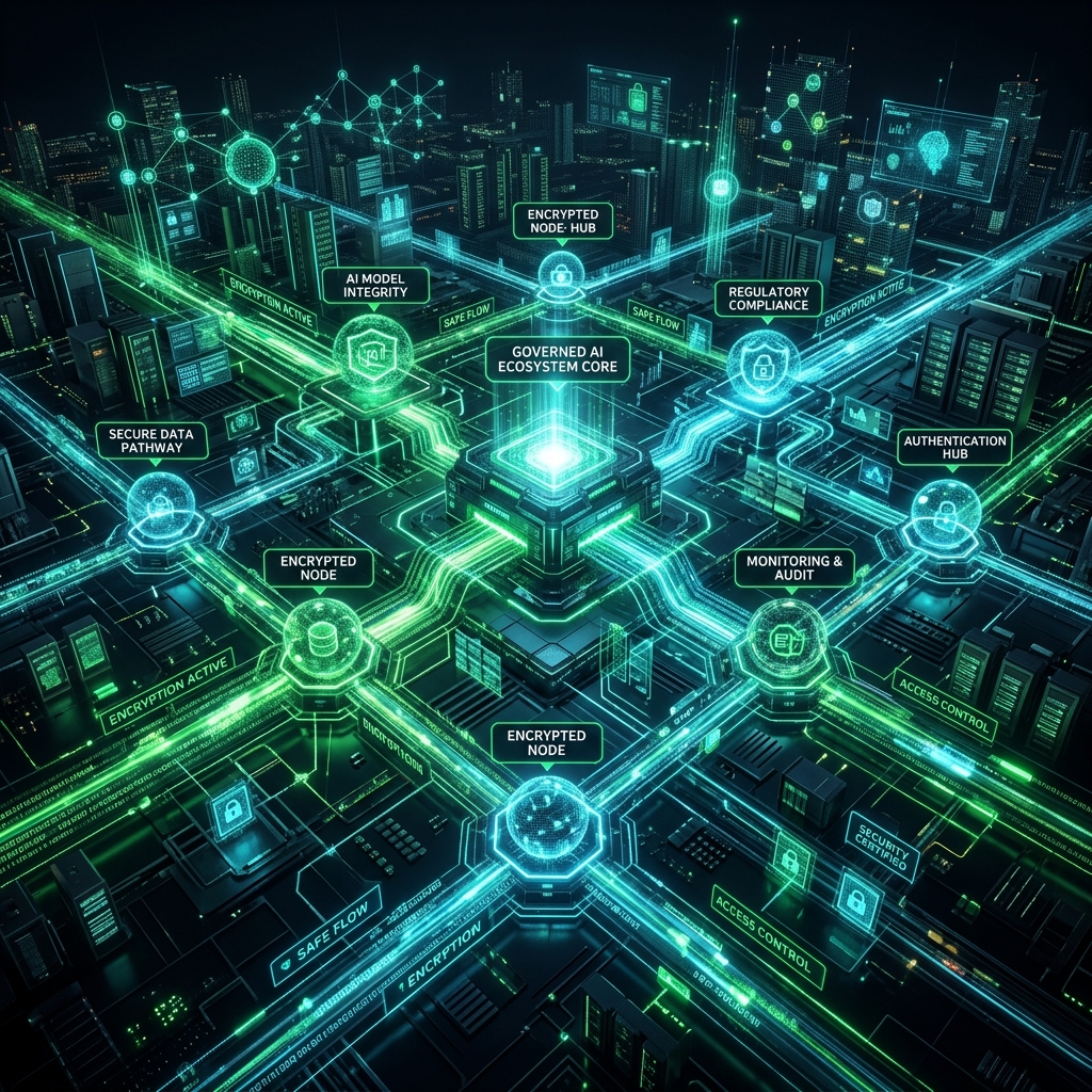 AI governance framework — perfectly governed AI ecosystem with multi-layer security