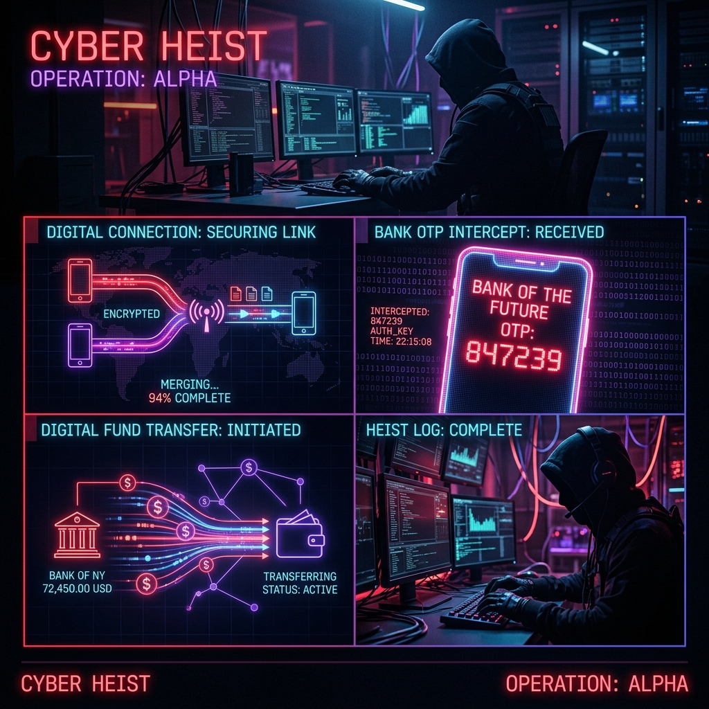 Cyberpunk split screen showing three-way merged call OTP attack