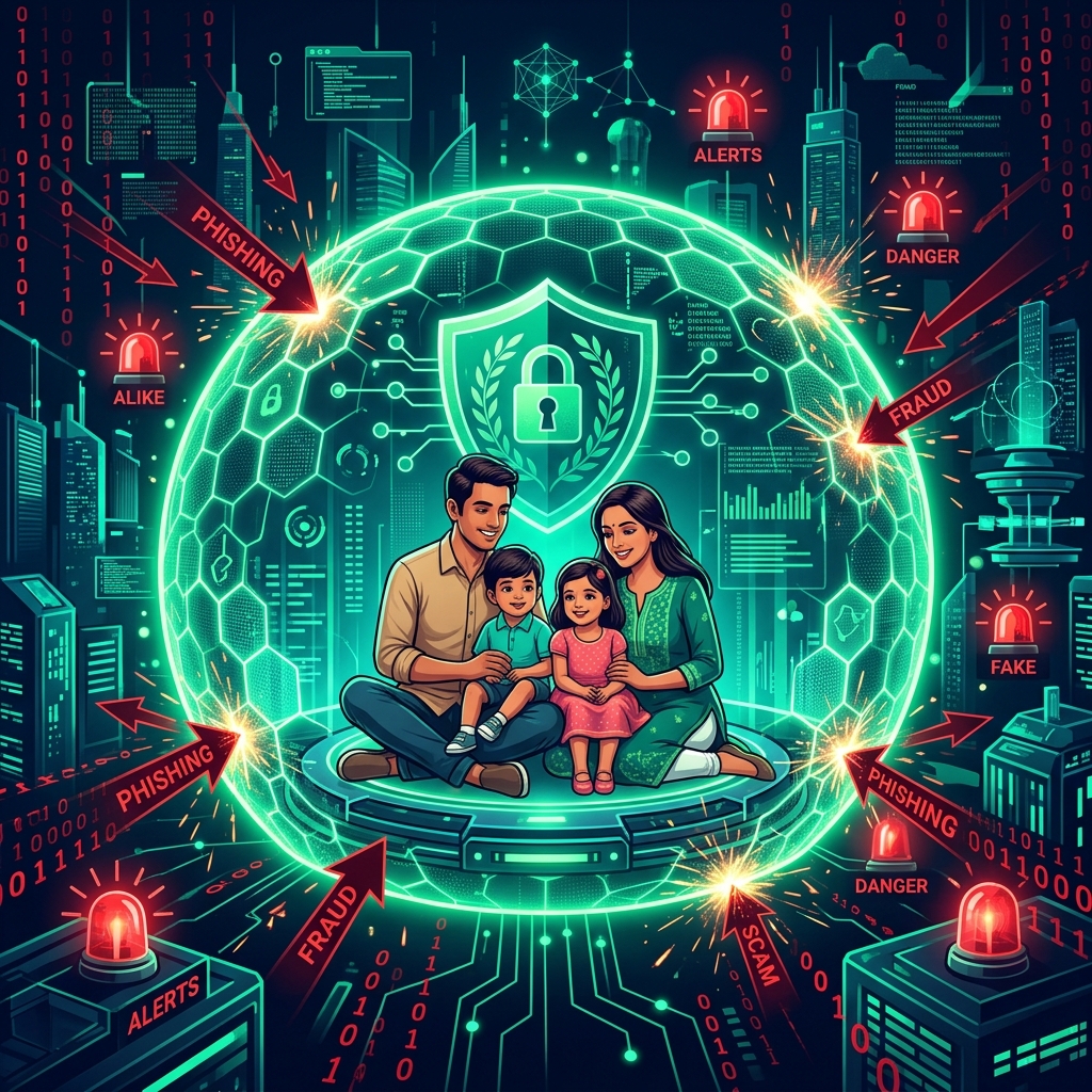 A holographic shield protecting Indian families from online scam calls