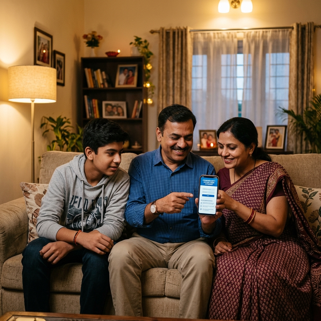 Indian family sharing digital safety tips together