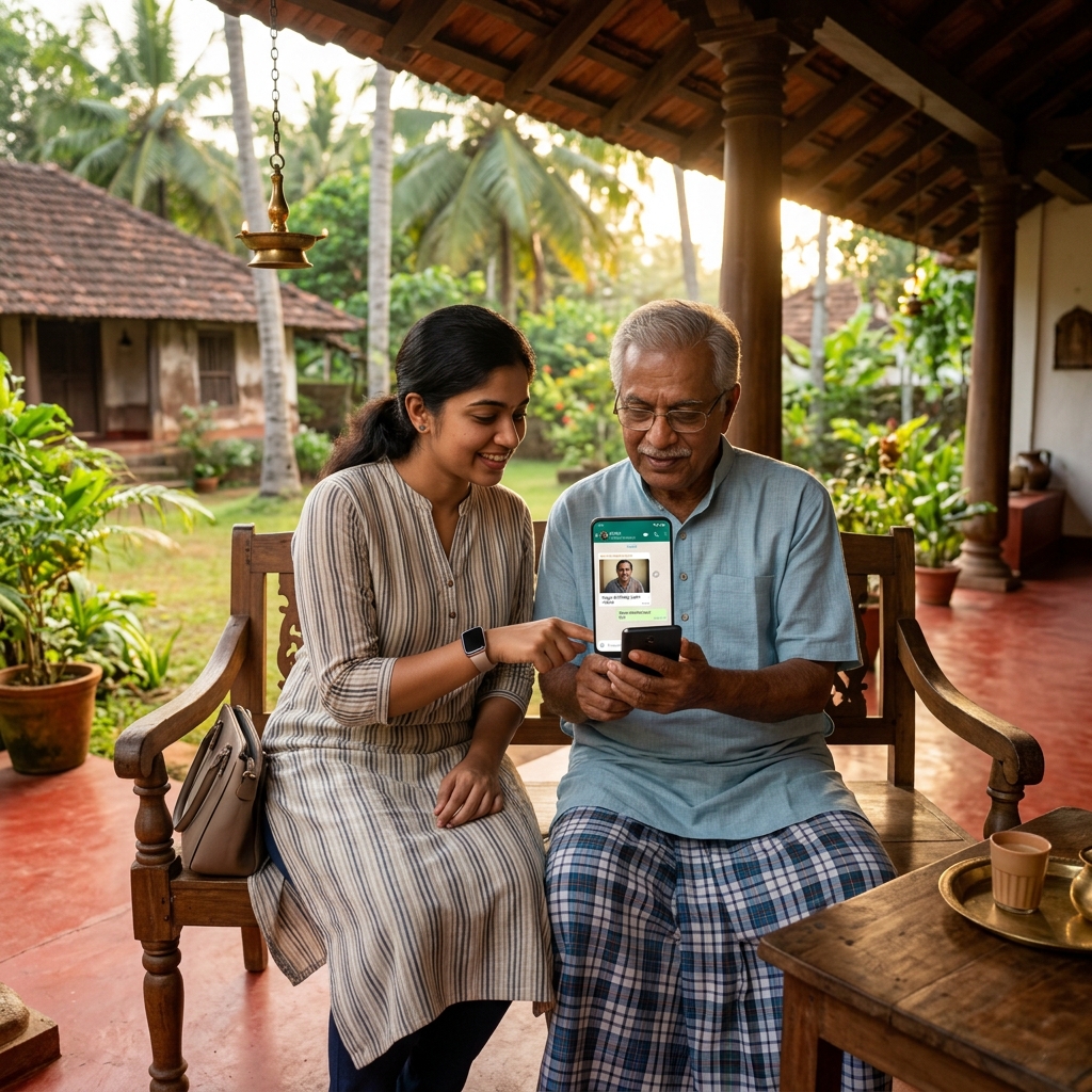 Grandchild teaching tech safety to grandfather