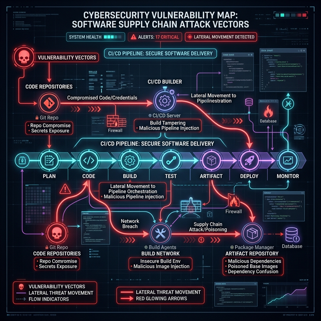 AI supply chain attack vectors illustrating vulnerability entry points in CI/CD build environments and repository dependencies