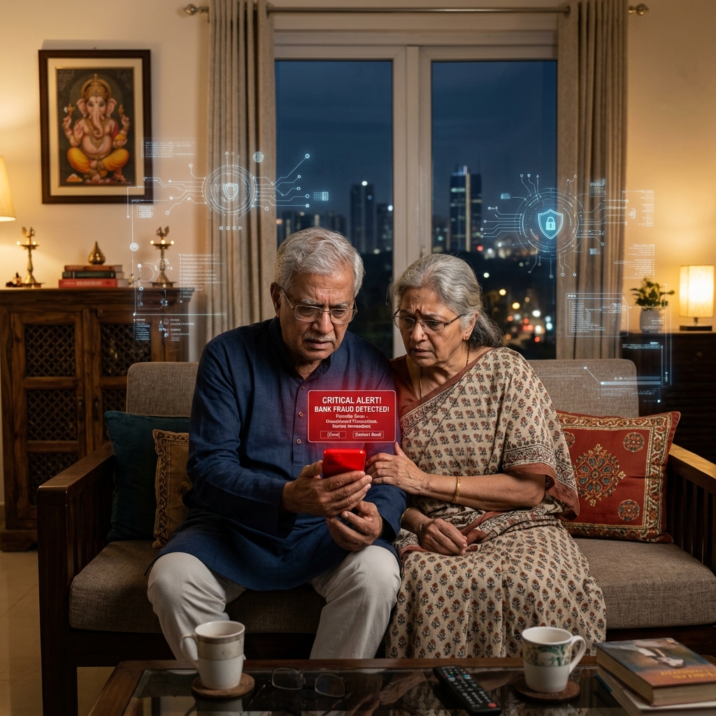 Indian elderly couple concerned with smartphone scam