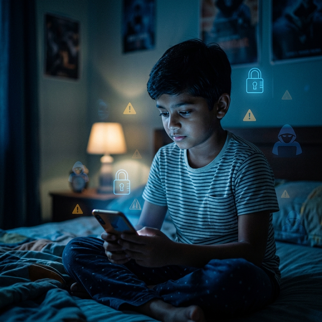 Indian child using smartphone at night