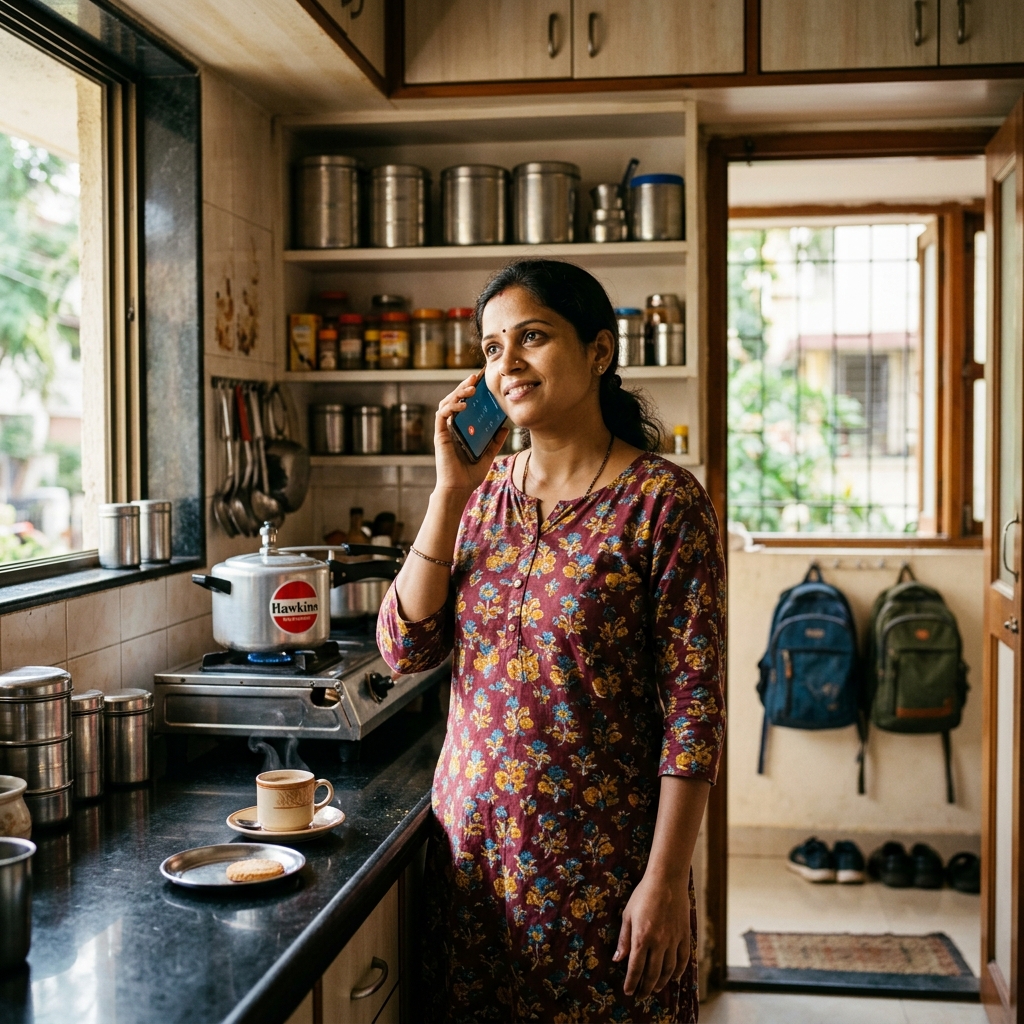 Priya Kulkarni holding phone in Pune kitchen