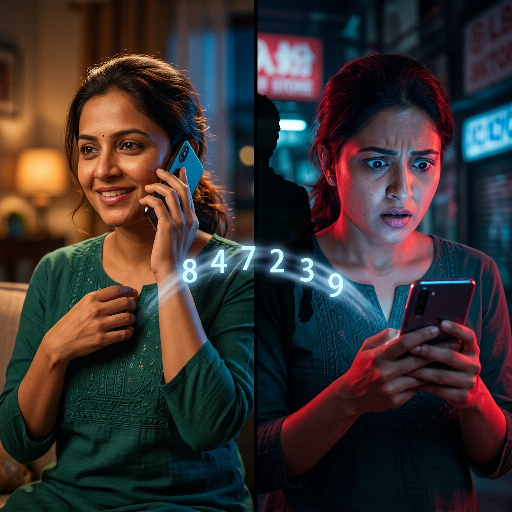 Indian woman realizing call merge OTP scam in shock