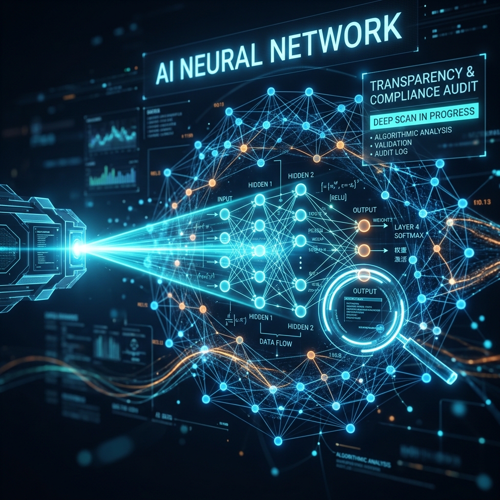 Futuristic AI transparency scan — uncovering hidden compliance and governance layers